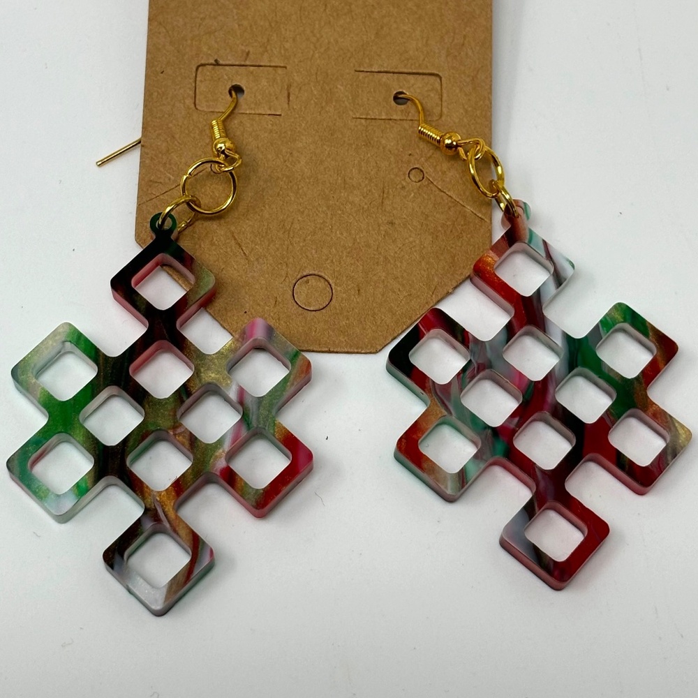 Handmade Large Acrylic Dangle Drop Earrings Red Green Gold White Geometric